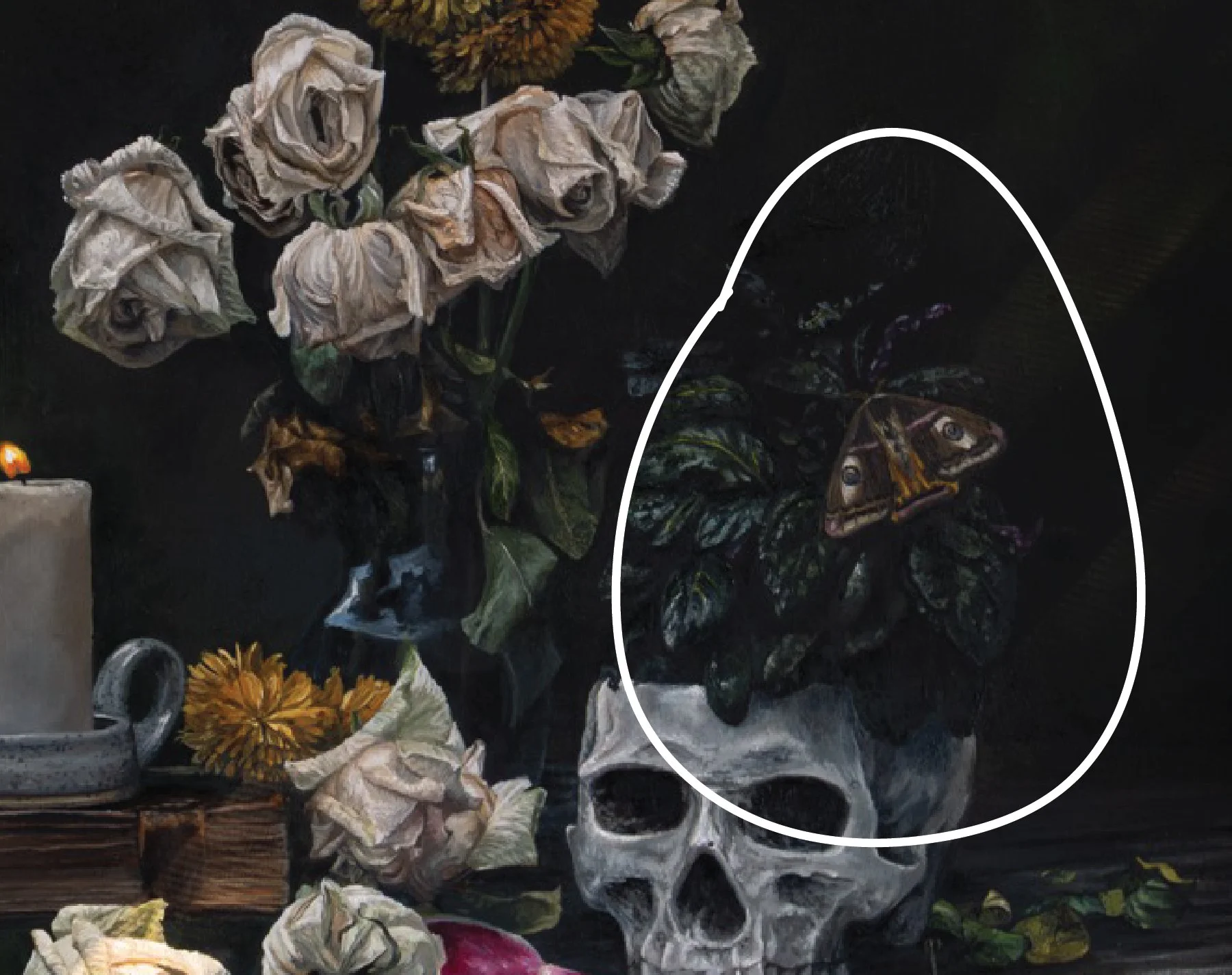 Dark still life painting of wilted roses, marigolds, a candle, books, and skulls with a fish perched among foliage