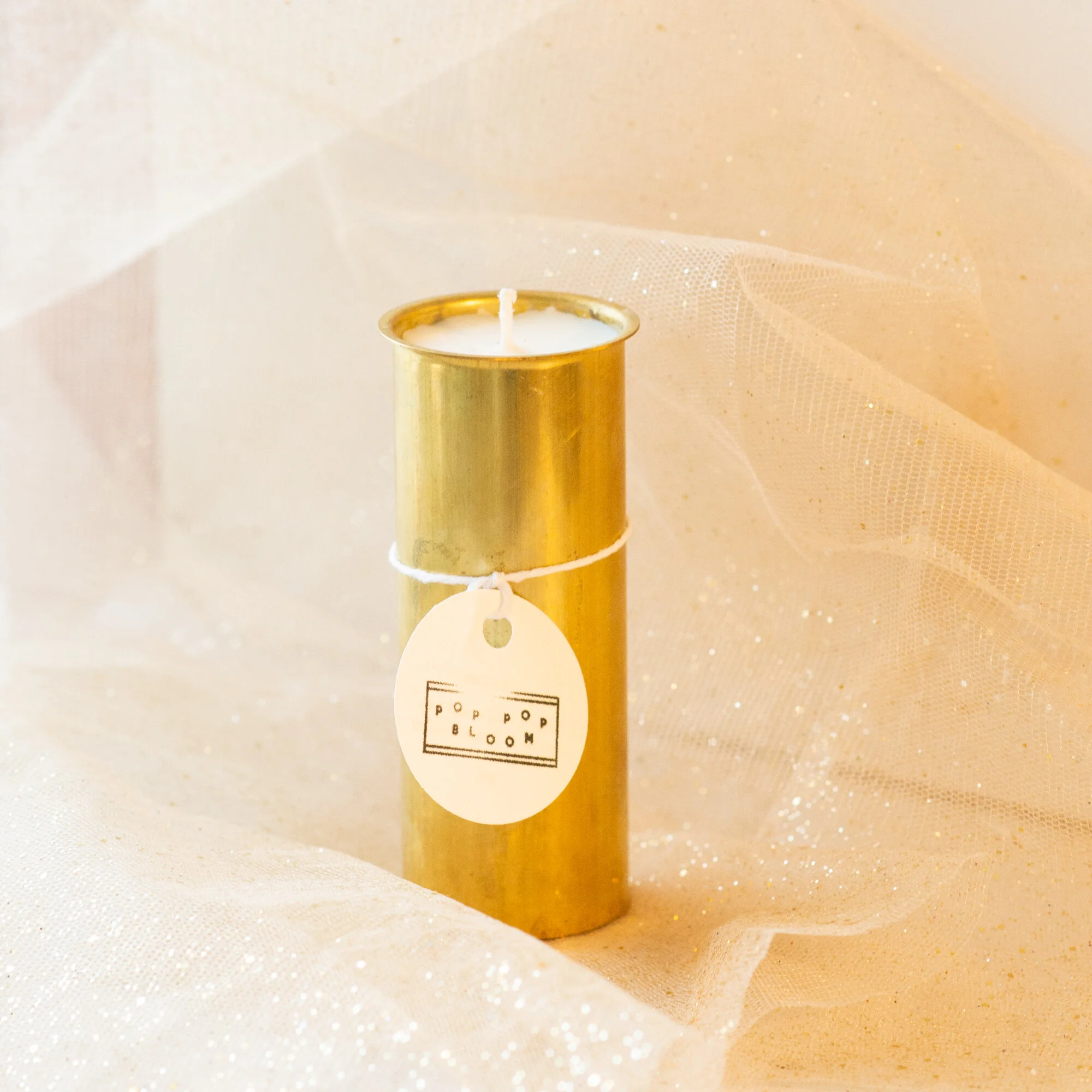 Candle in Brass Holder by Pop Pop Bloom, $15