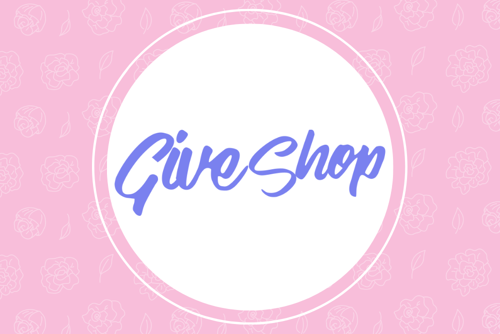 "Give Shop" in white circle surrounded by pink and white flowers