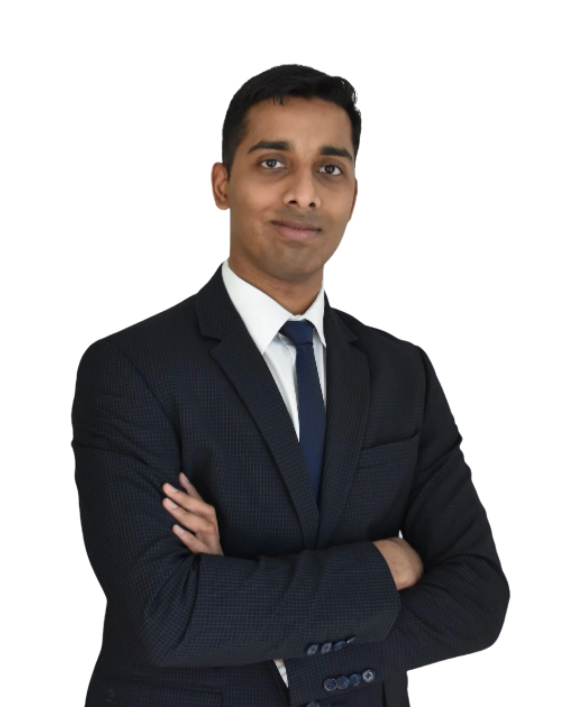 Barani Ganapathi, Grants and Studentships Manager, in black jacket with folded arms.