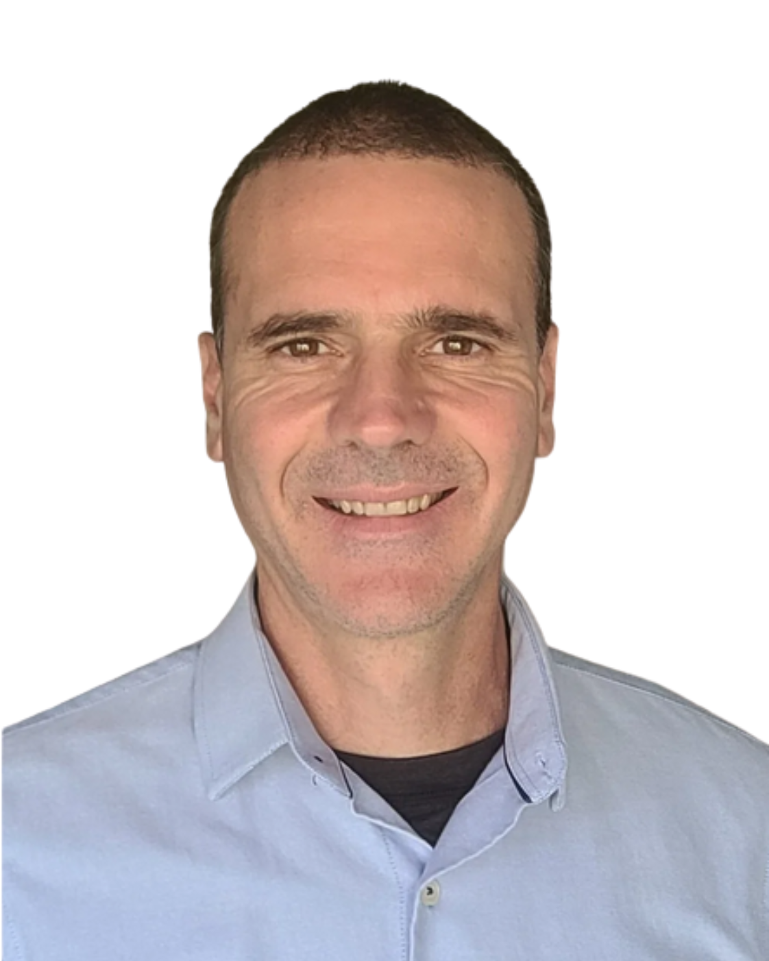 Headshot of Gustavo Betini, Senior Manager of Data Analytics, wearing a blue T-shirt over a black undershirt.