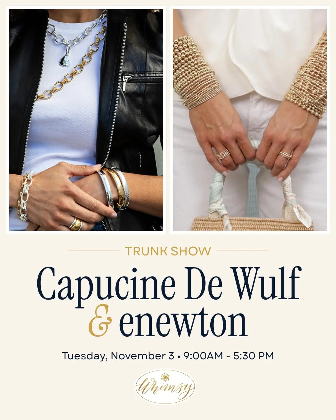 For your Christmas list - and your own wish list. ✨

Join us Tuesday, November 3, for a one-day @capucinedewulf &amp; @enewtondesign trunk show at Whimsy! Explore the full collections, try on a few favorites, and let us help you find just the right g