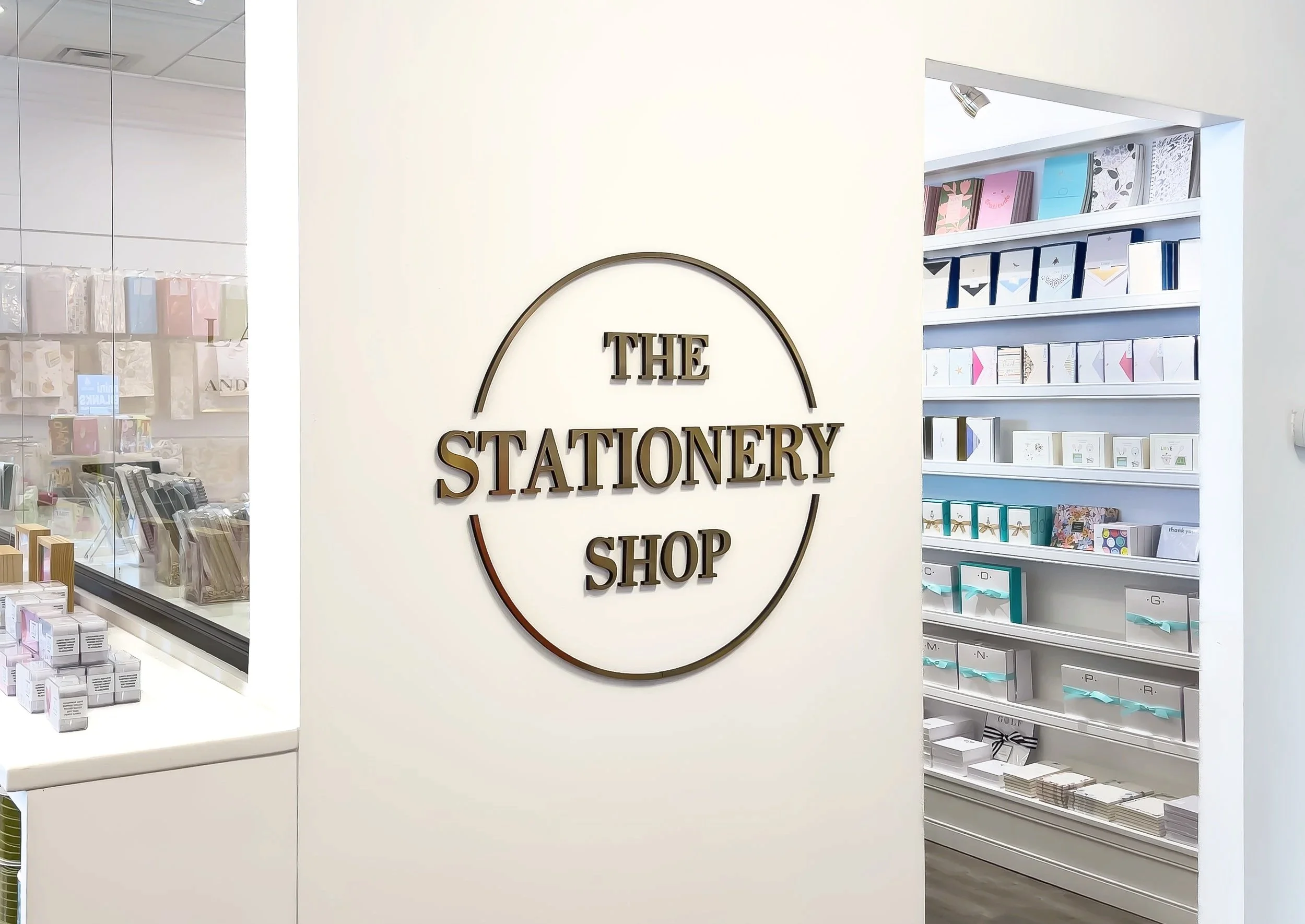 Interior view of The Stationery Shop at Whimsy boutique in Greenville, Delaware featuring custom invitations and luxury paper goods.
