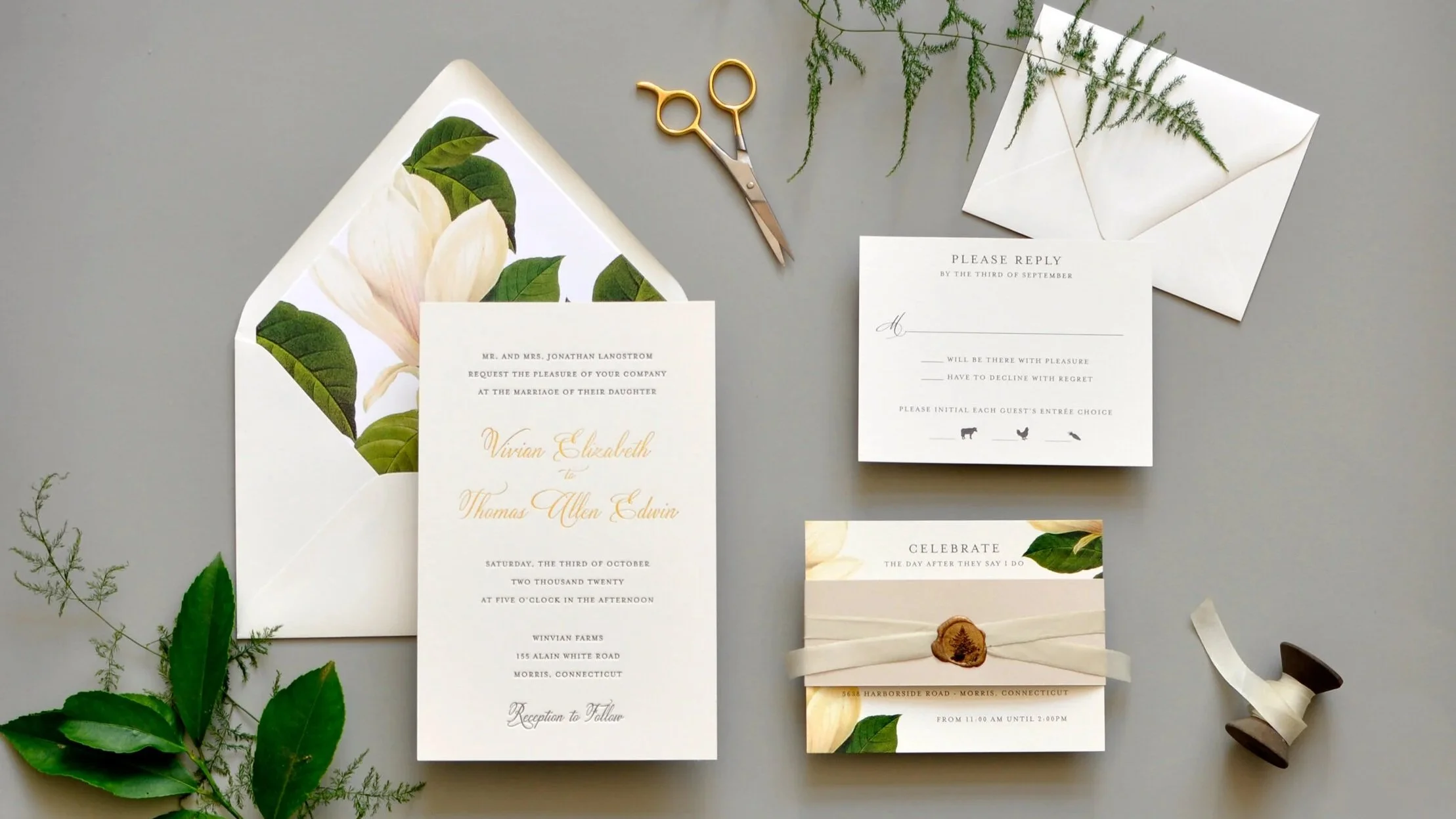 Floral wedding invitation suite with botanical envelope liner and RSVP card designed by Whimsy boutique in Greenville, Delaware.