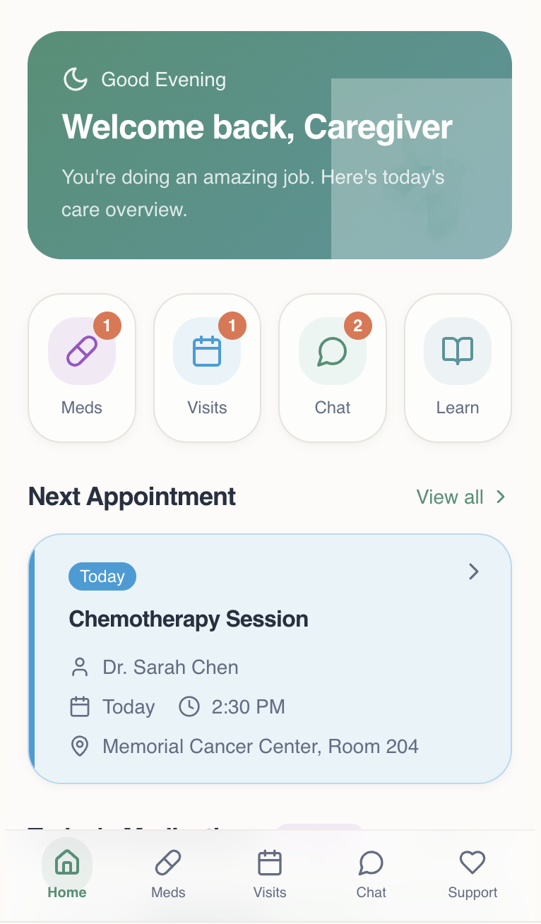 A mockup of a mobile application for caregiver support