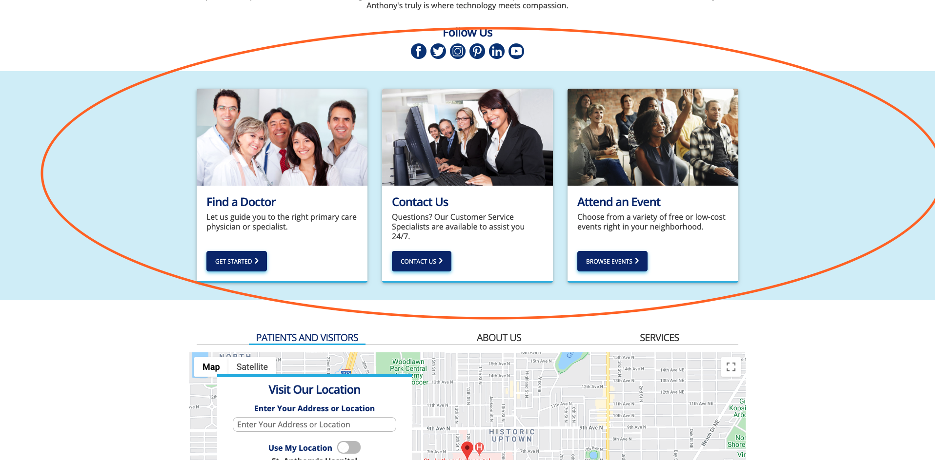 Website page with card action buttons and a map