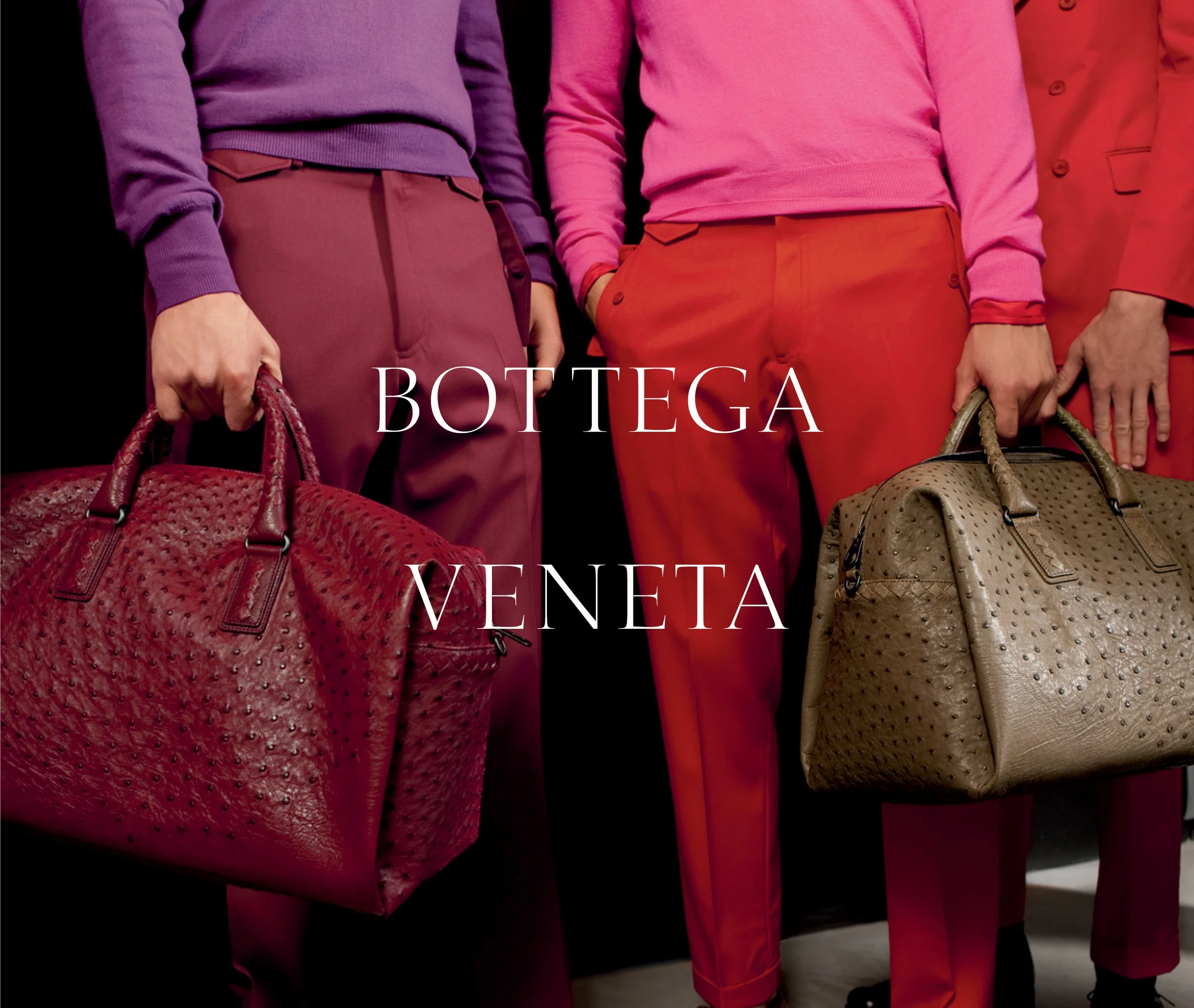 Close-up of three people holding handbags, dressed in colorful pants and tops, with the words "Bottega Veneta" overlaid.