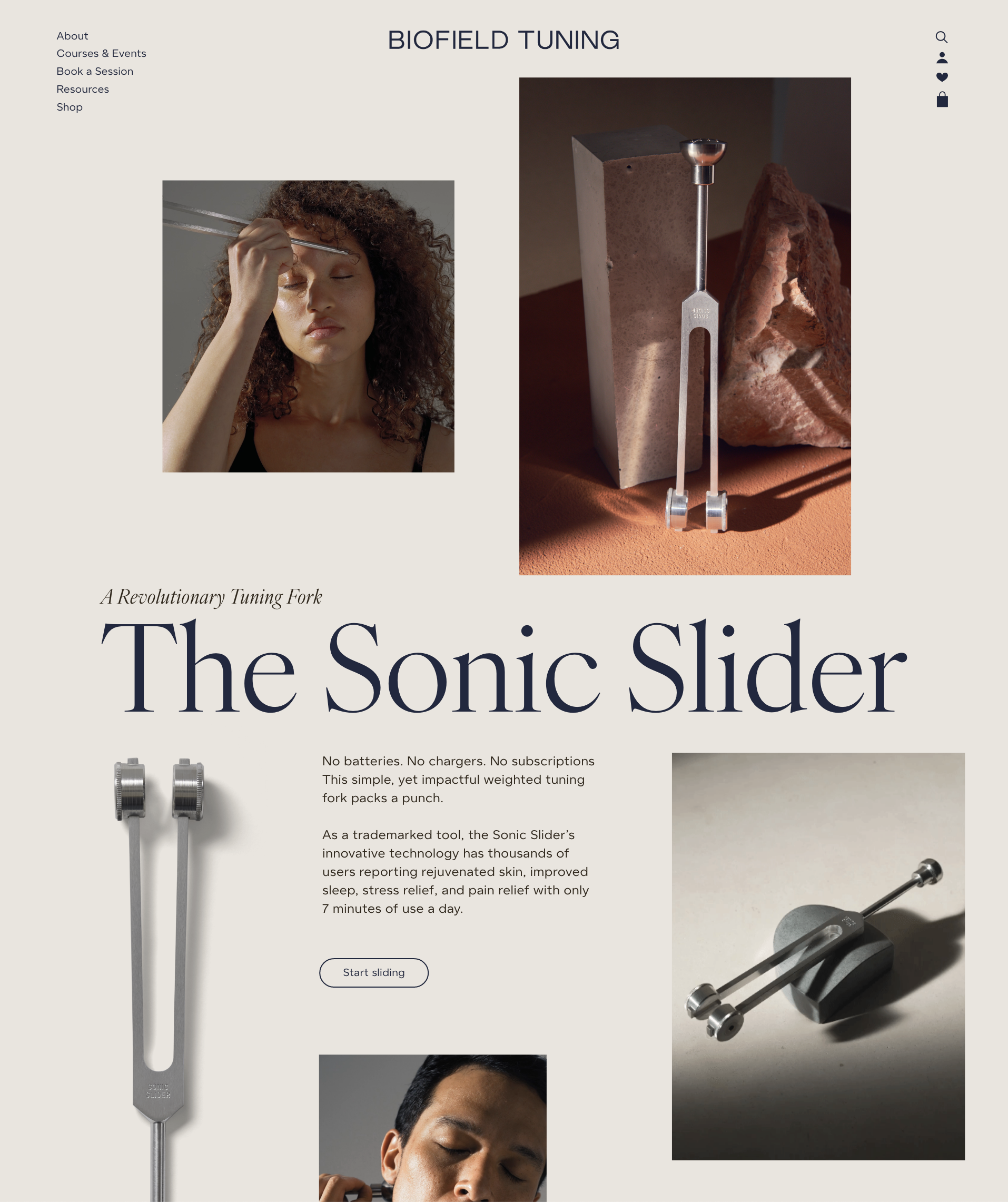 Product webpage for Biofield Tuning Sonic Slider, a weighted tuning fork with stainless steel body and rubber base, displayed with rocks and a person using it for therapy.