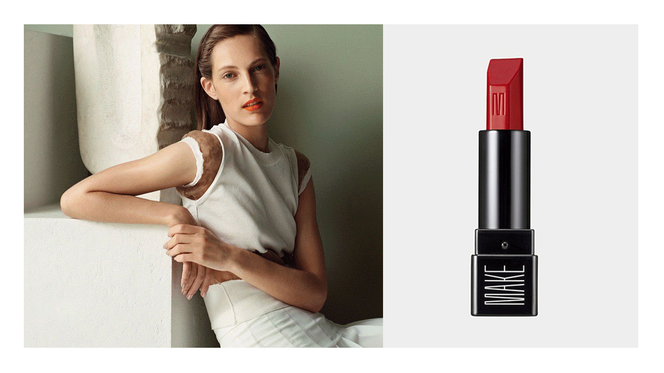 A woman with brown hair and red lipstick sitting against a wall with a decorative column on her shoulder, next to a close-up of a red lipstick in black case.