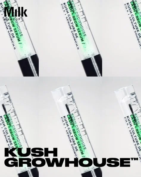 Multiple cannabis-themed syringes labeled with 'Kush Growhouse' and the word 'Milk' in the background, arranged in a grid pattern.