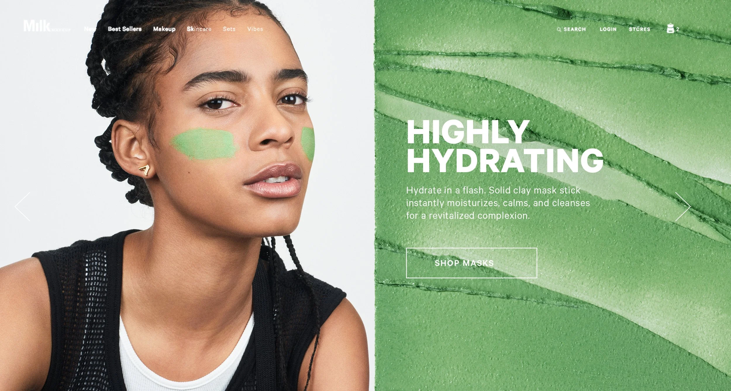 A woman with braided hair wearing a black sleeveless top, with green paint on her cheeks, looking into the camera. A webpage layout with a green textured background and text promoting hydrating masks, with a button labeled "Shop Masks".