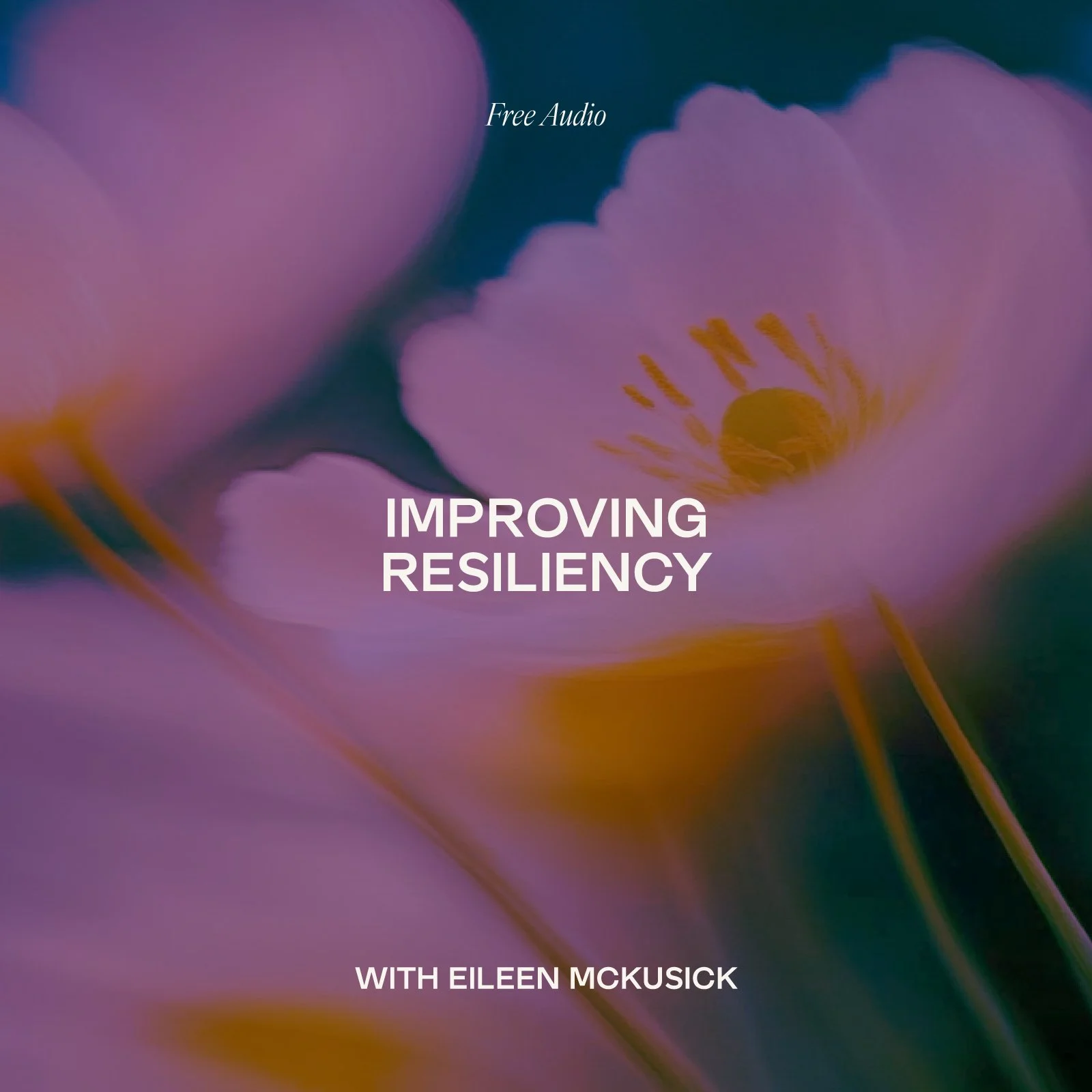 Cover of a podcast episode titled 'Improving Resiliency' featuring Eileen McKusick, with a blurred purple flower background and text.