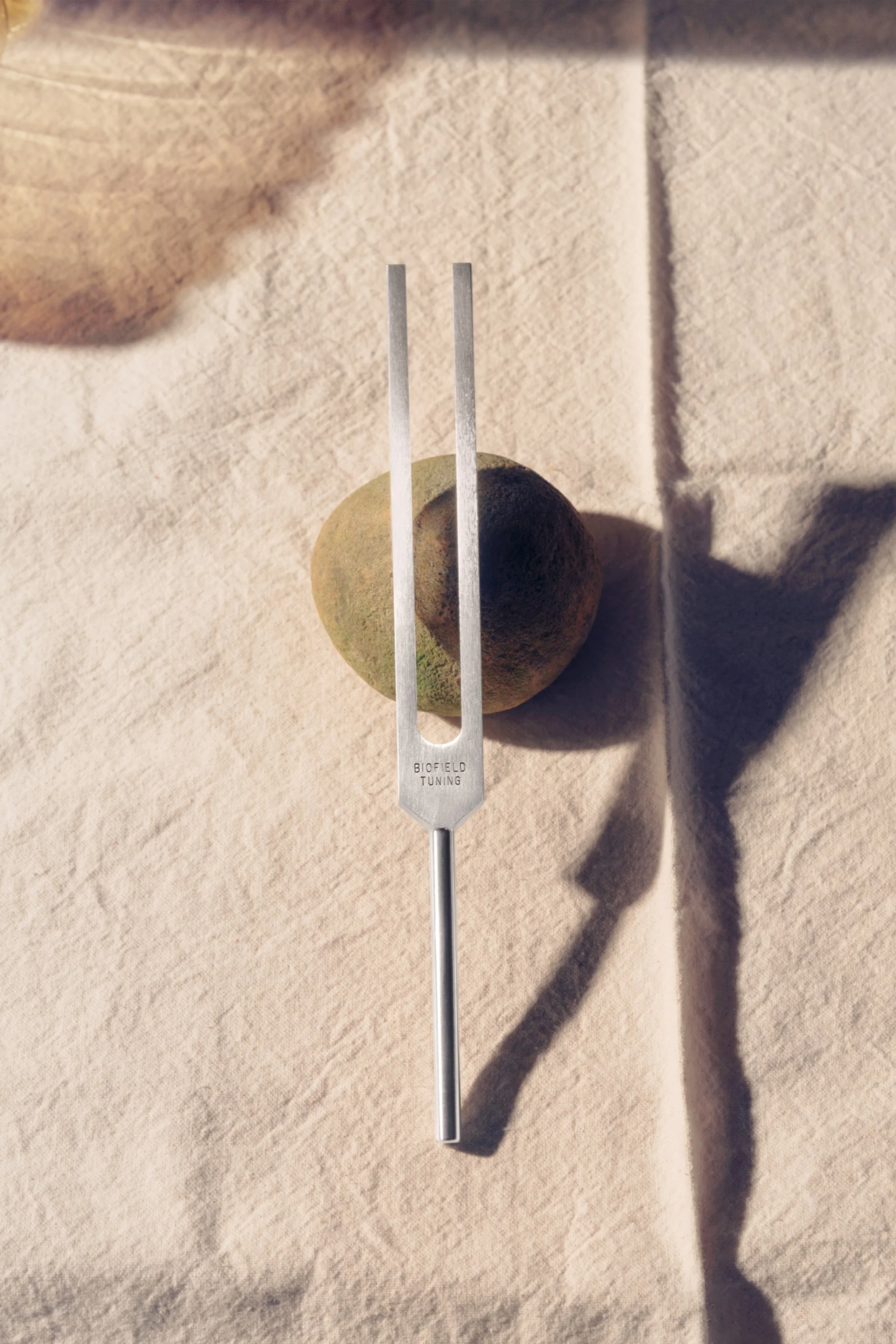 A tuning fork labeled 'Biofield Tuning' is resting on a greenish-brown rock, casting a shadow on a textured beige surface.