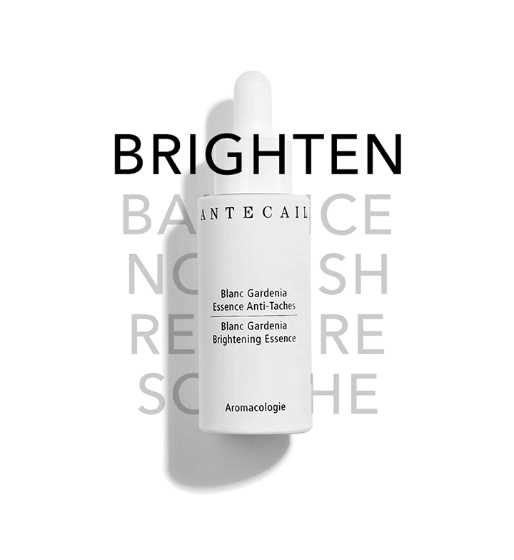 A white bottle of Blanc Gardenia Brightening Essence with text overlay that says "BRIGHTEN" and other words in the background.