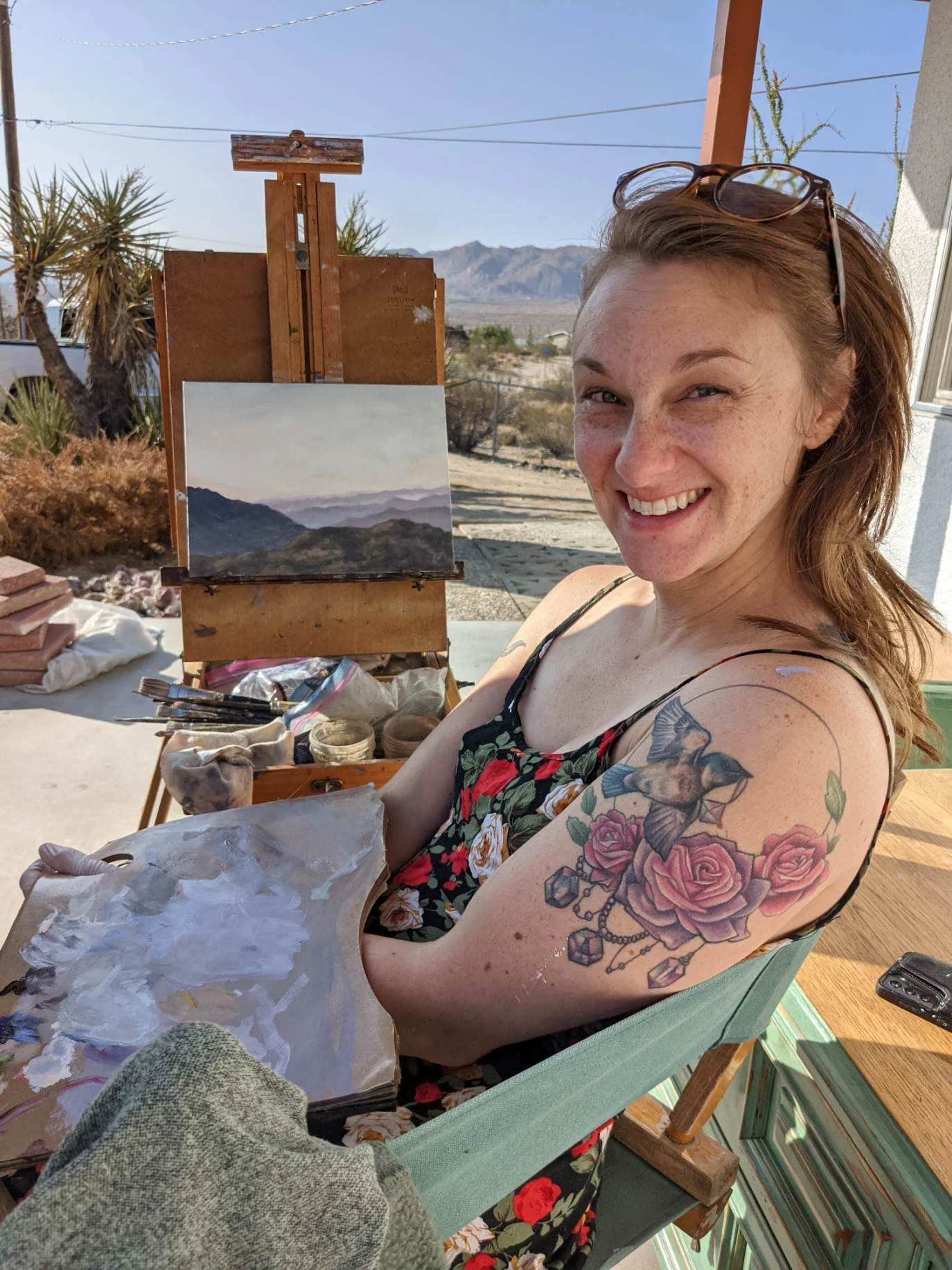 Caroline Hambright plein air painting in Joshua Tree desert.