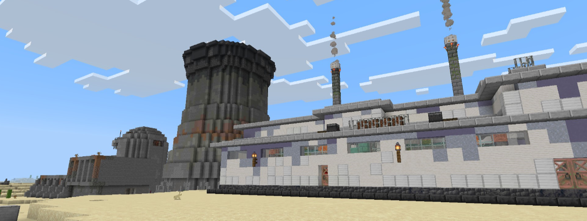 Brutalist style nuclear power plant with reactor and smoke stack. Warehouse structure on the right.