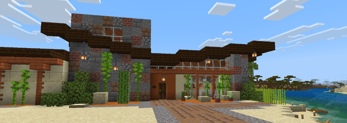 Midcentury Modern Minecraft house in the desert. Mixed rock feature wall. Sloping butterfly roof. Large window.  Manicured garden.