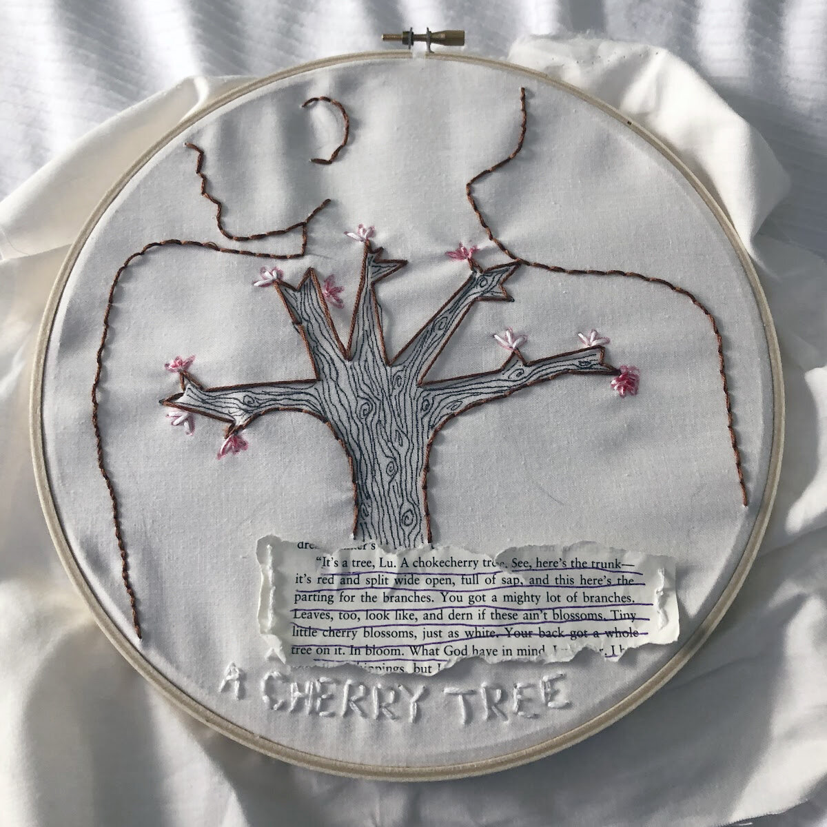 Cori W.
untitled
the main importance of the embroidered picture is the tree. the tree represents sethes scars and how they were compared to a cherry tree, so i decided to make them a cherry tree. I also chose not to fill the back in with color to sh