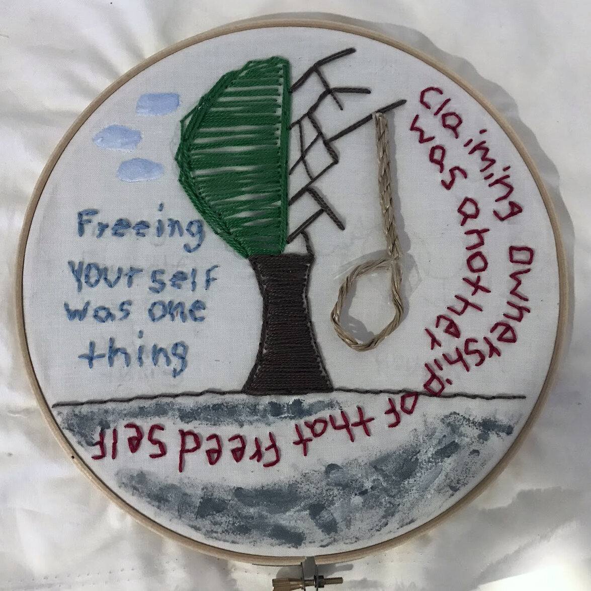 Dani H.
untitled
My embroidery represents the quote “freeing yourself was one thing, claiming ownership of that freed self was another.” To me, this represents how you can free yourself from where or what your trapped in but to actually feel free, y