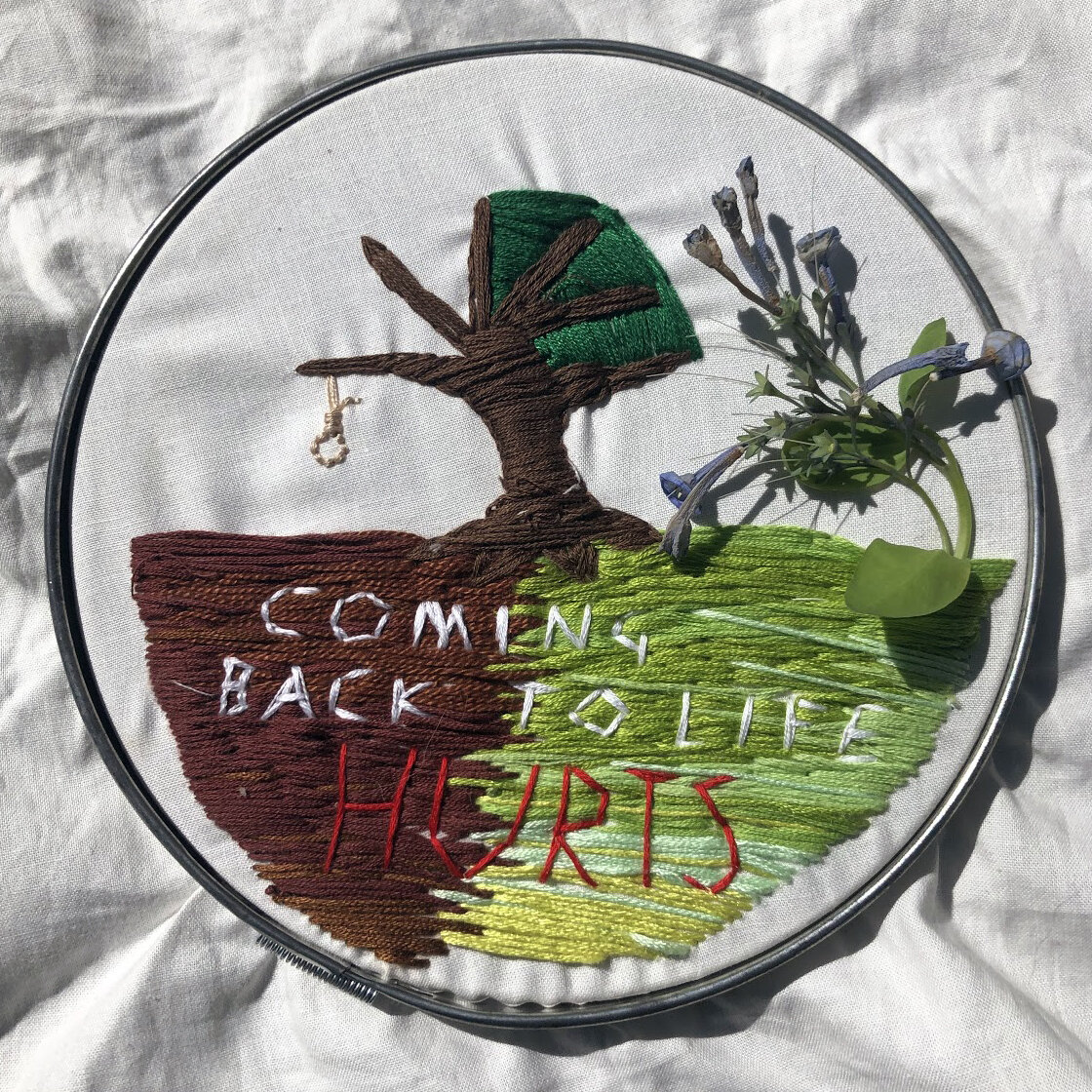 Ellie S.
untitled
I wanted to capture the aspect of both living and dead. As the quote is “Coming back to life hurts”, the left side of the price is dead. Dead grass, dead trees. It is also where I put the historical aspect. On the right, I put livi