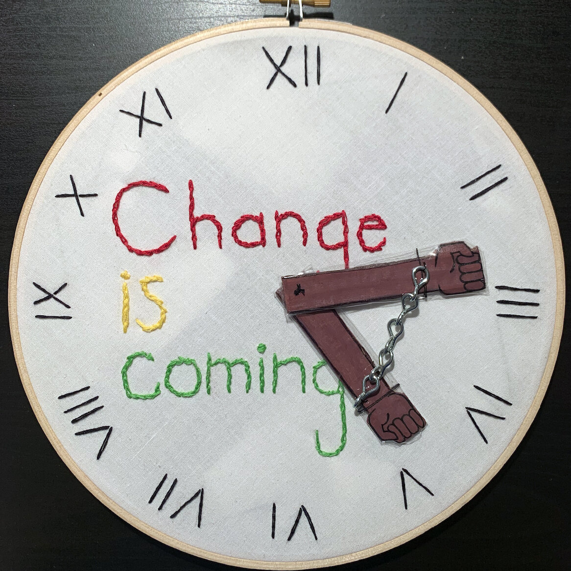 Victoria C.
untitled
For my embroidery, I made it so the whole hoop was a clock, with the numbers in roman numerals and with a black person’s hands in chains as the minute and hour hands to symbolize slavery. To create this, I first sketched everyth