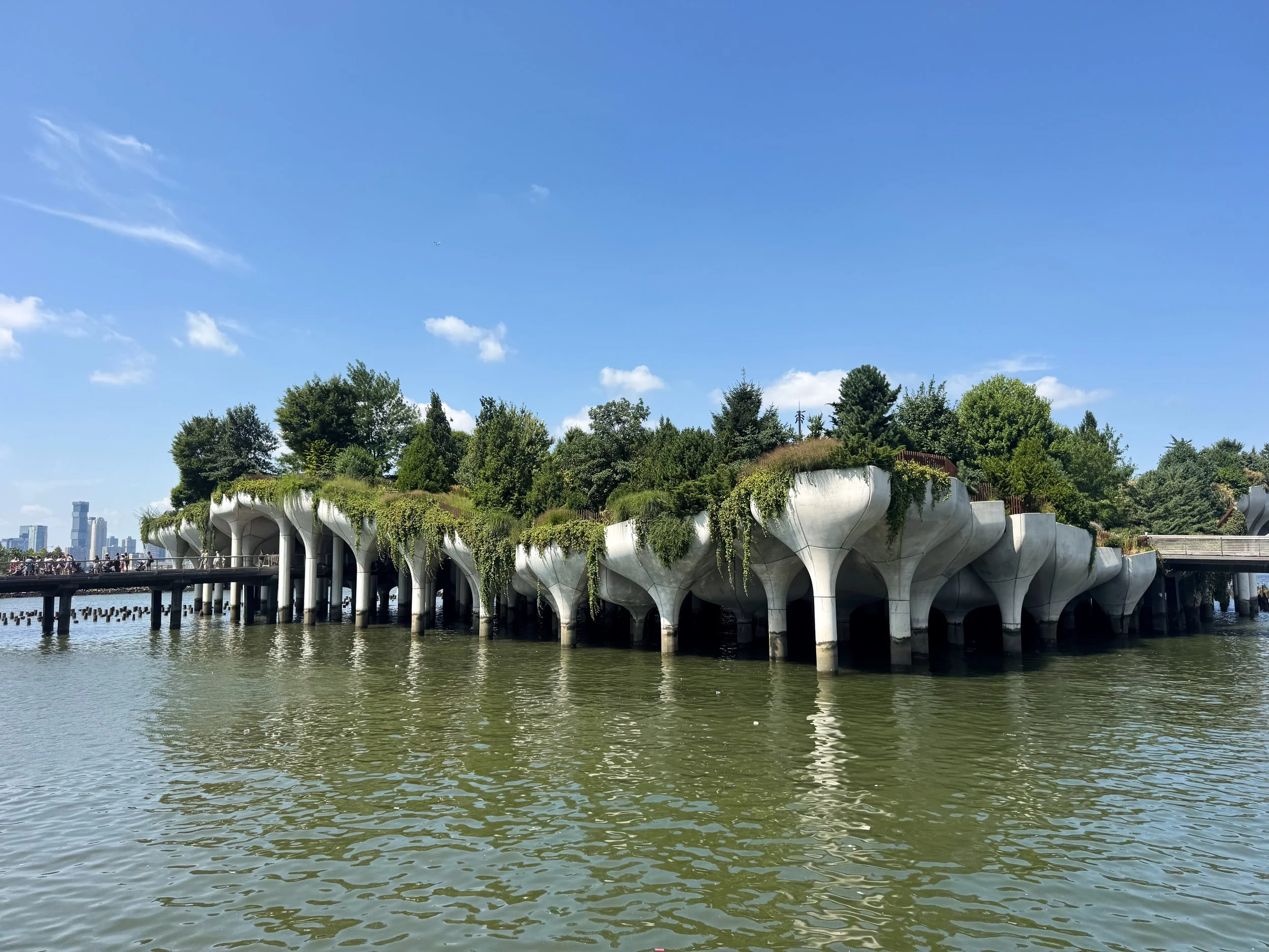 Little Island park rising on tulip shaped columns above the Hudson River in New York City