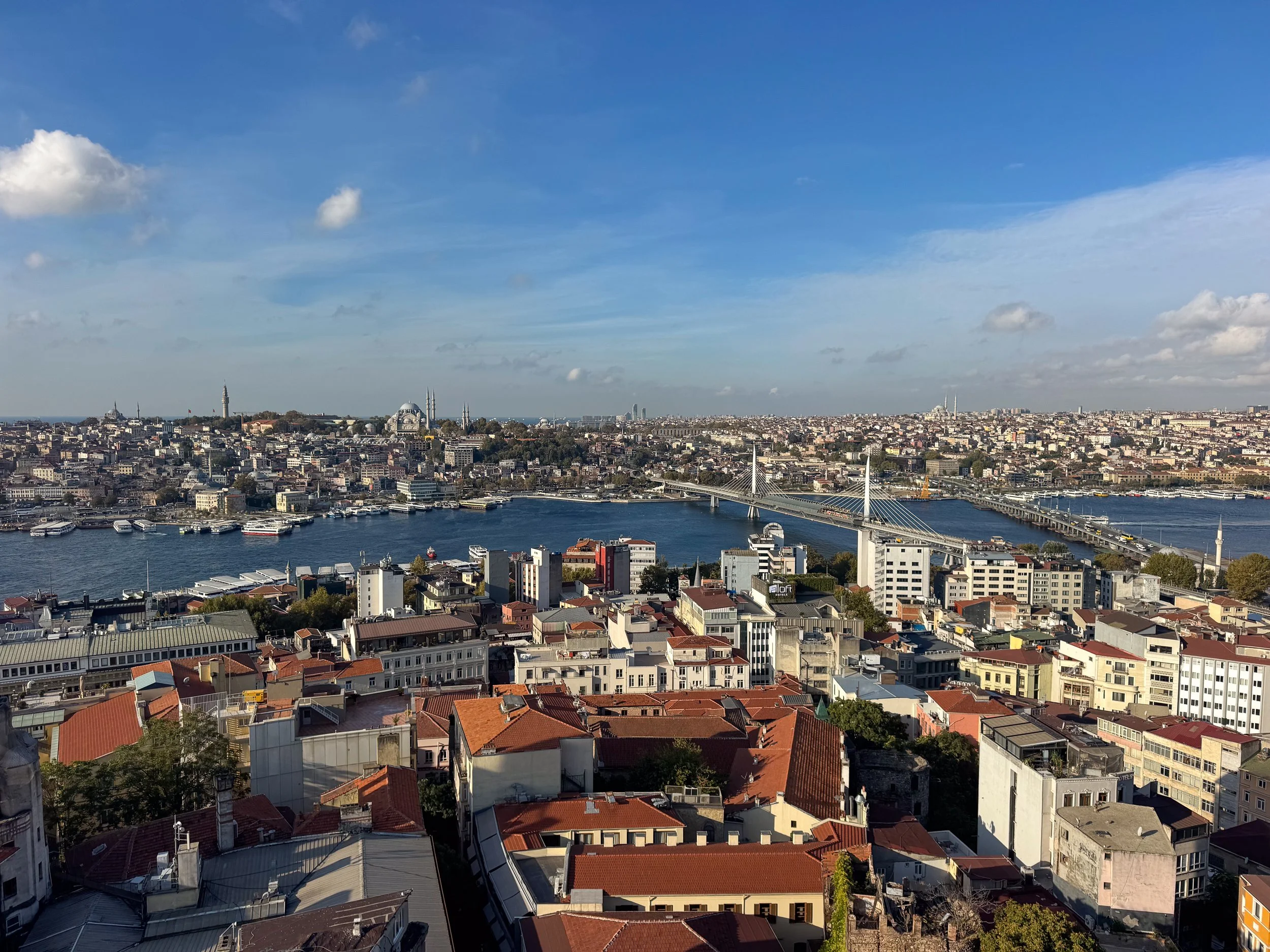 Panoramic view of Istanbul's skyline and the Golden Horn waterway with mosques and bridges in the distance.