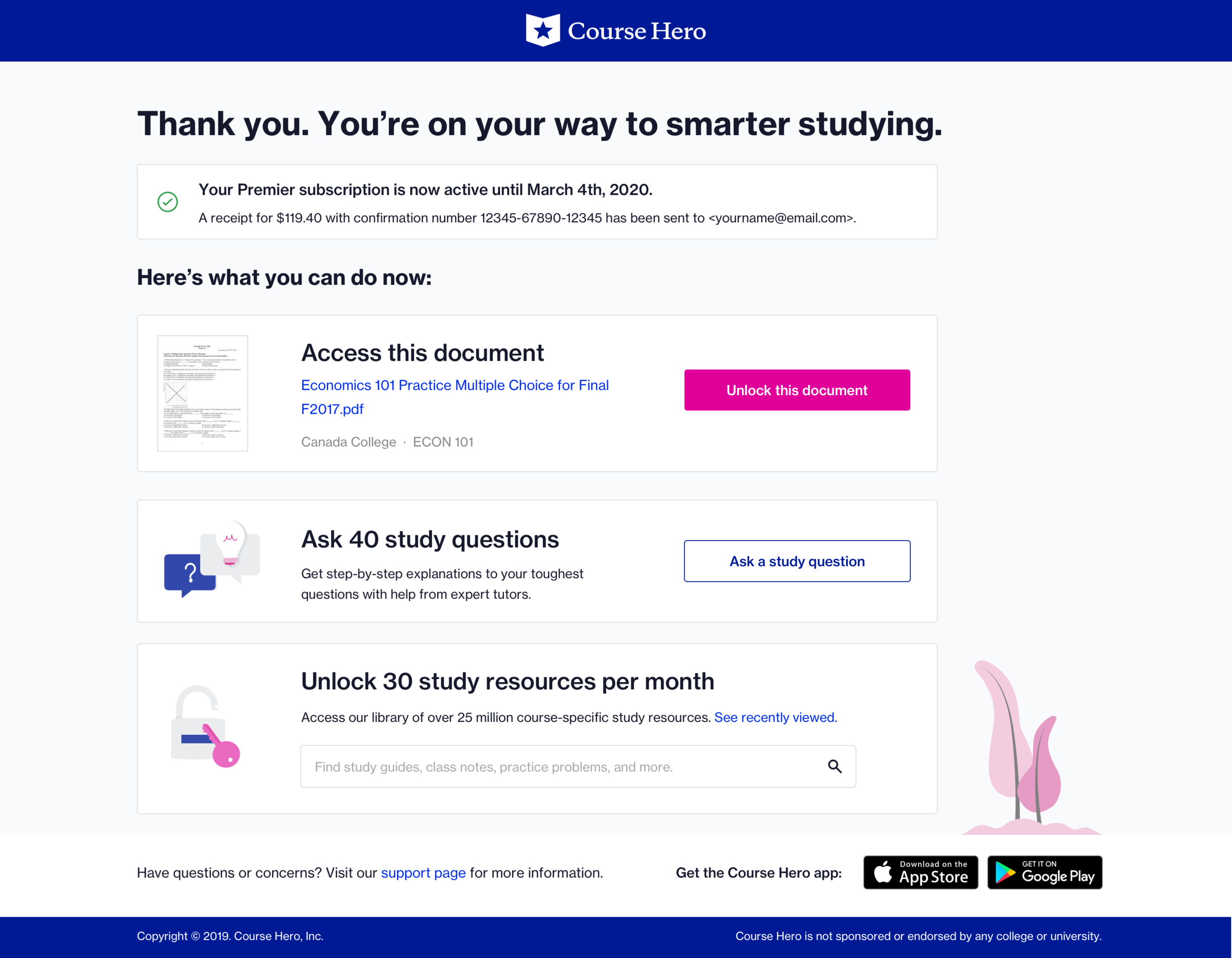 Course Hero Subscription Confirmation Page — Daniel Showalter