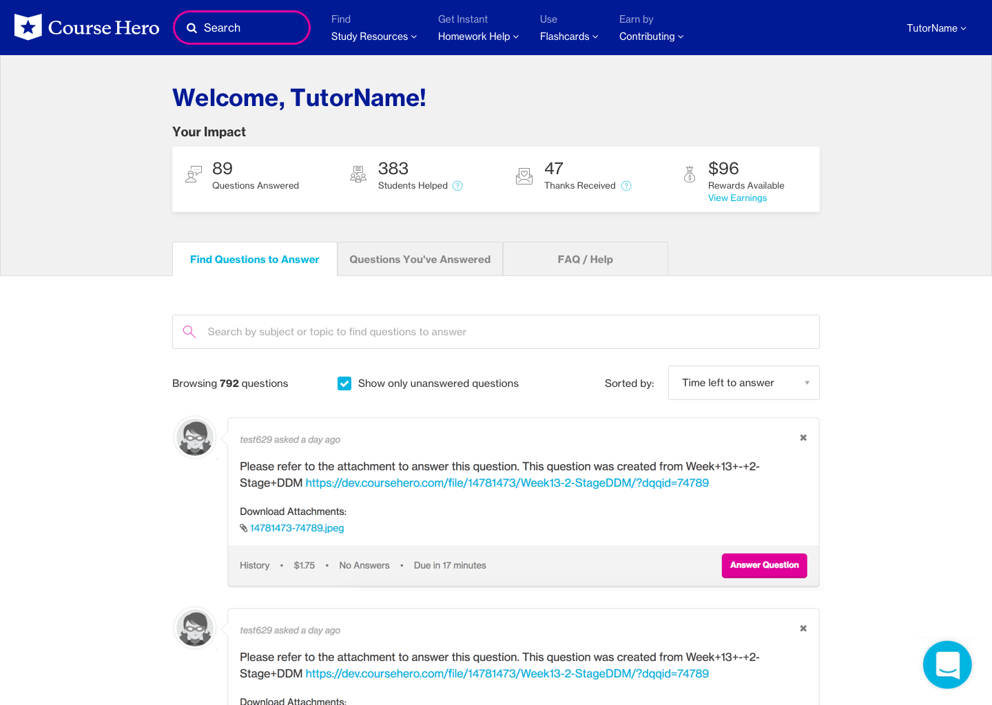 Course Hero - Tutor Dashboard — Daniel Showalter