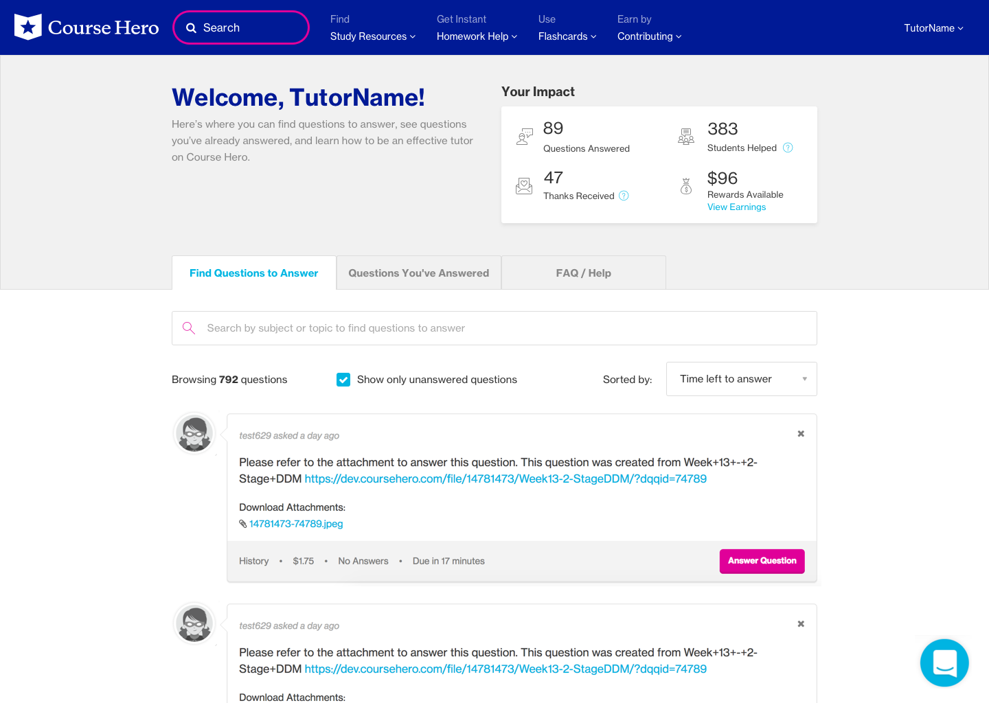 Course Hero Tutor Dashboard Daniel Showalter