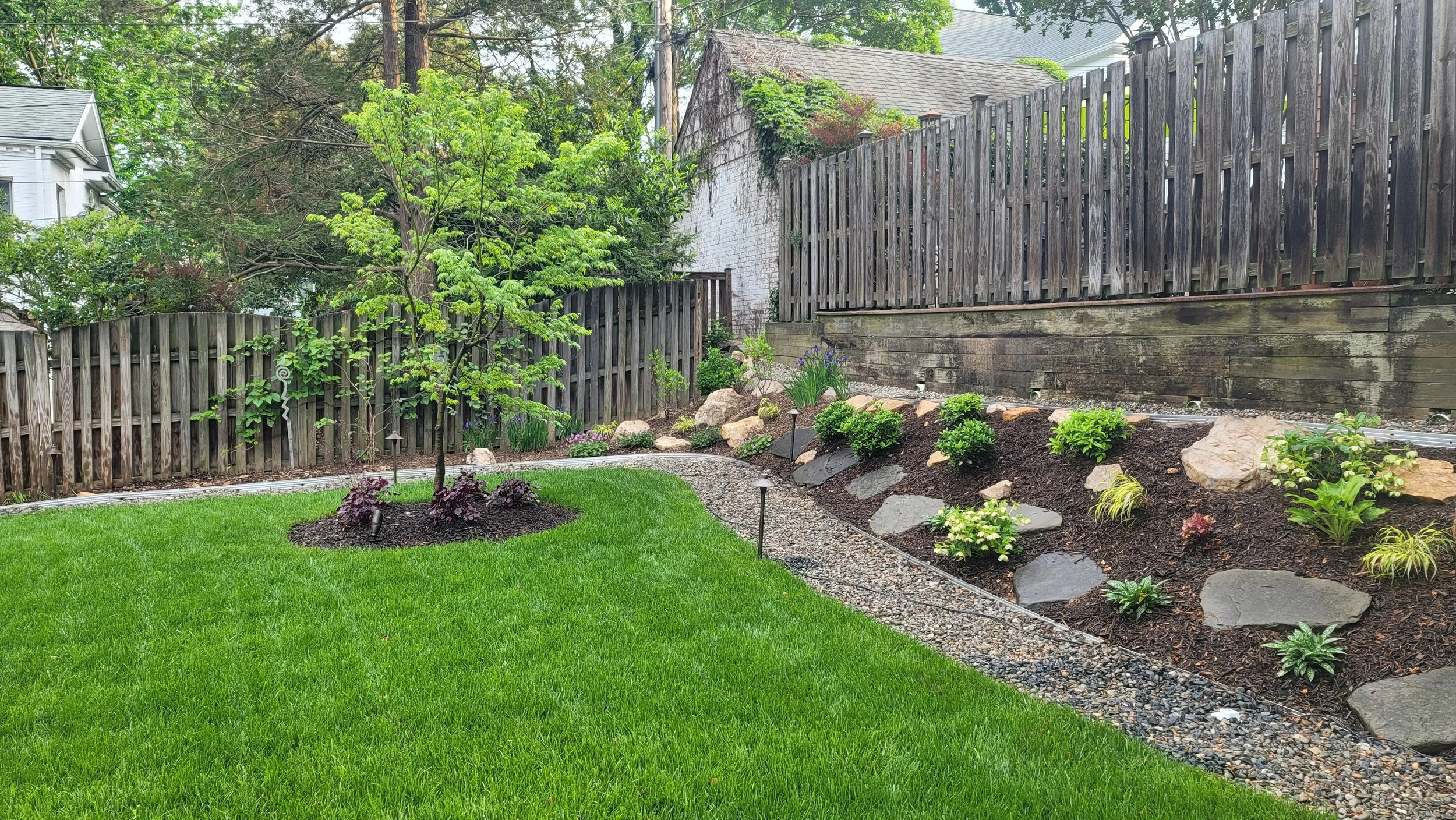 A landscaped backyard garden featuring a small tree, neatly manicured grass, and a flower bed with various plants, rocks, and landscape lighting, enclosed by a wooden fence.