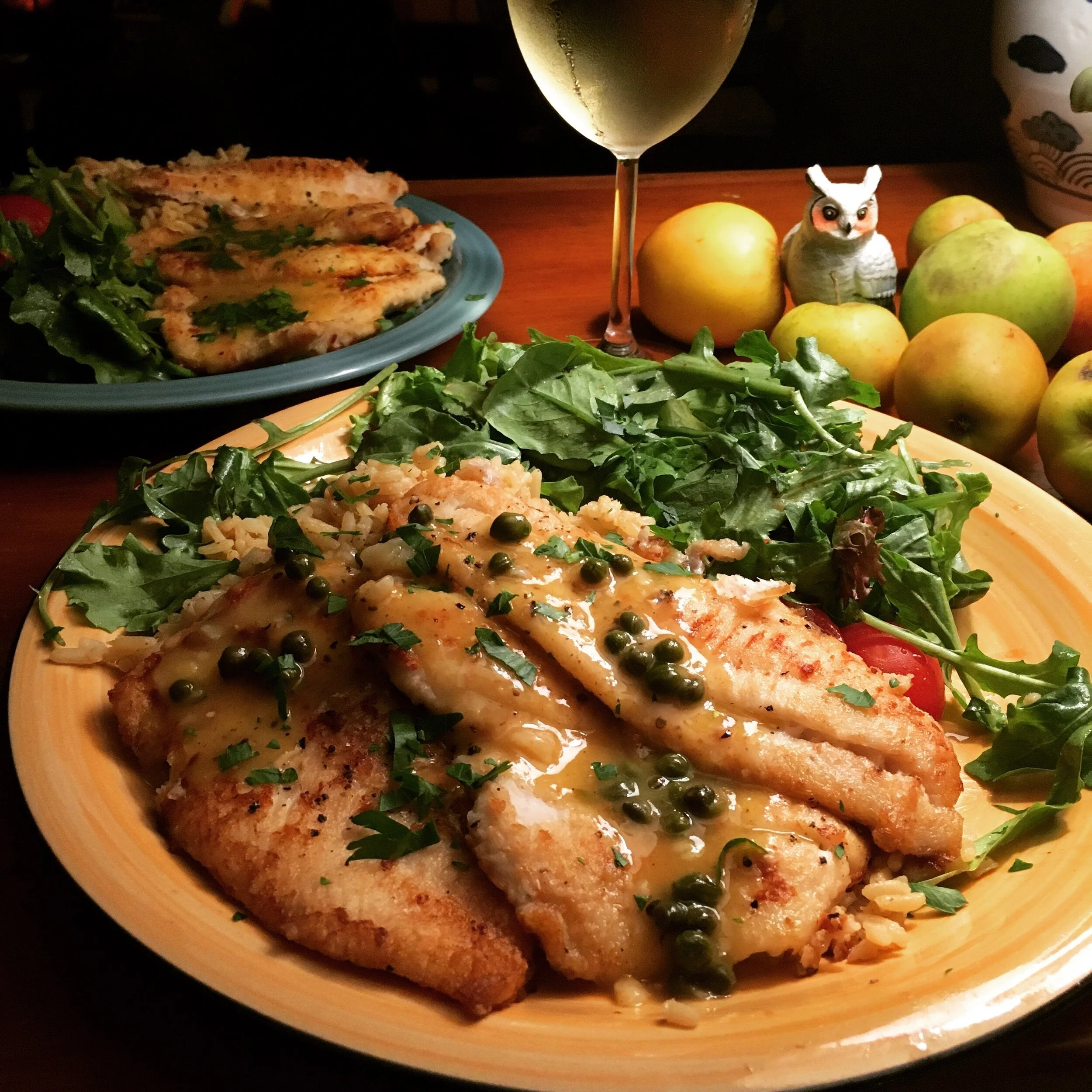 Pan fried Petrale sole with mustard-caper-wine sauce