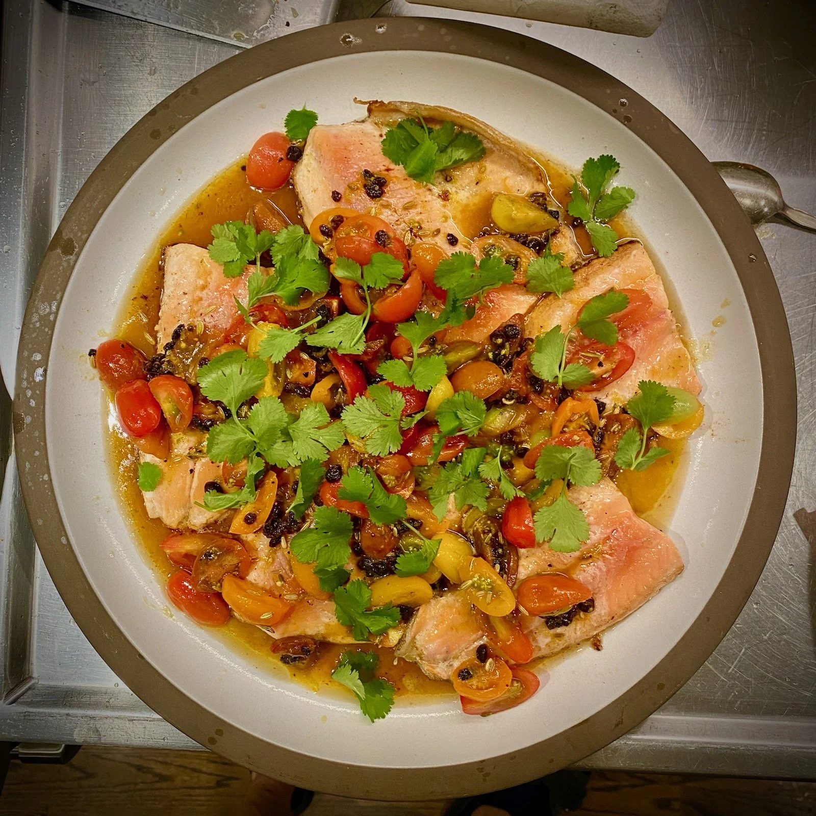 Roast trout with tomato, orange and barberry salsa