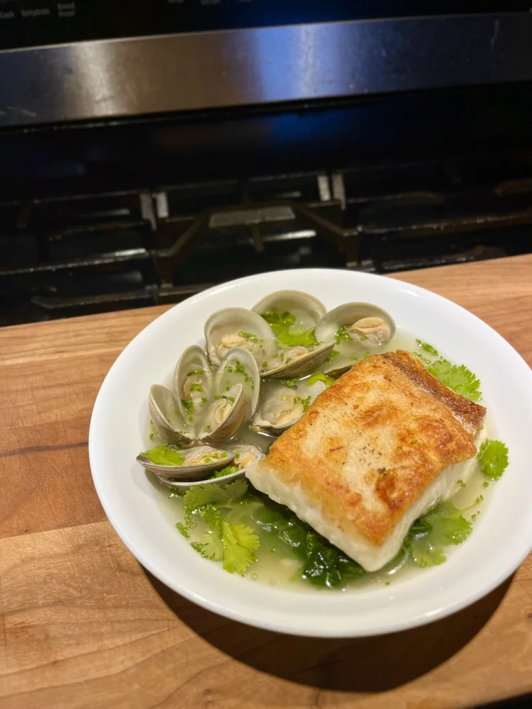 Halibut, Littleneck clams, Fish fumet, Chives, & Cilantro — Sea Forager