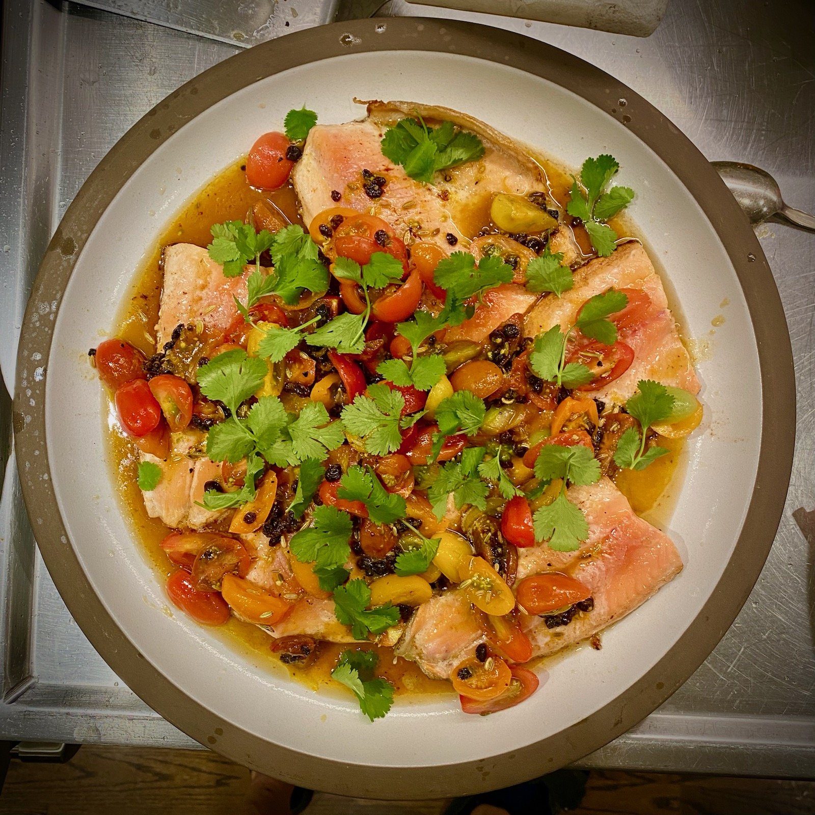 Roast trout with tomato, orange and barberry salsa — Sea Forager