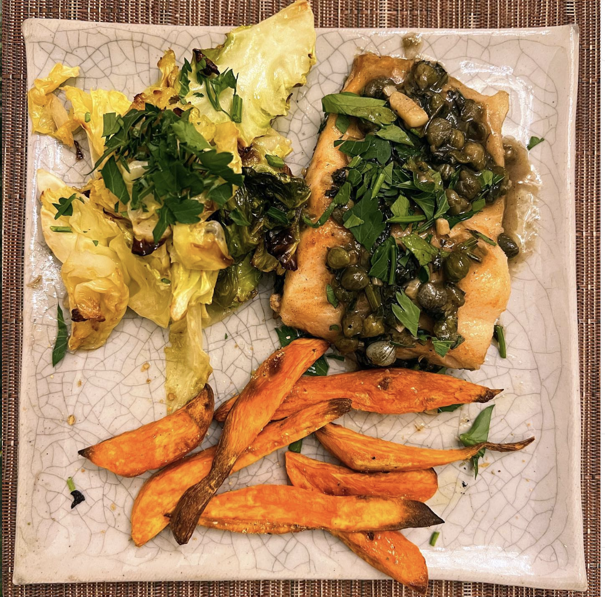 Lemony trout with capers and wine