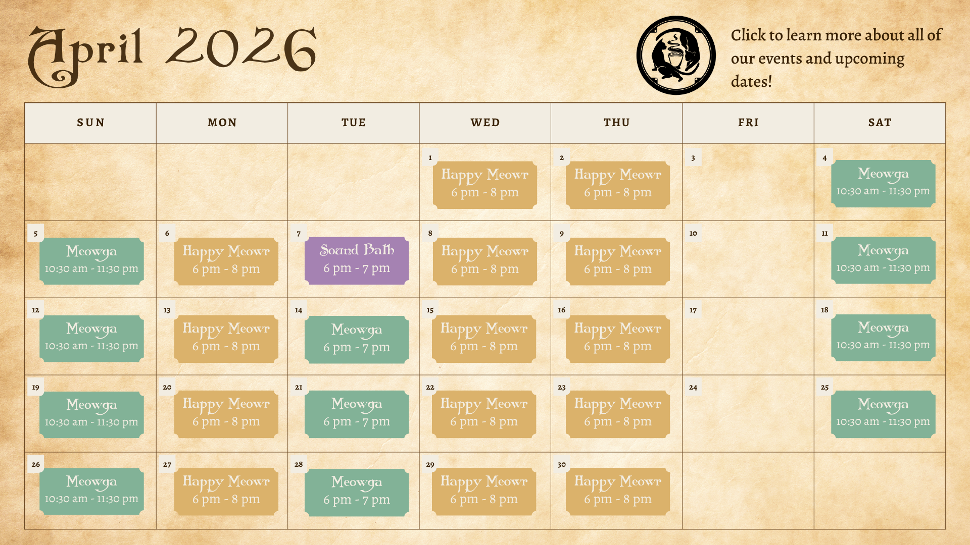 All upcoming April events. Click to book!