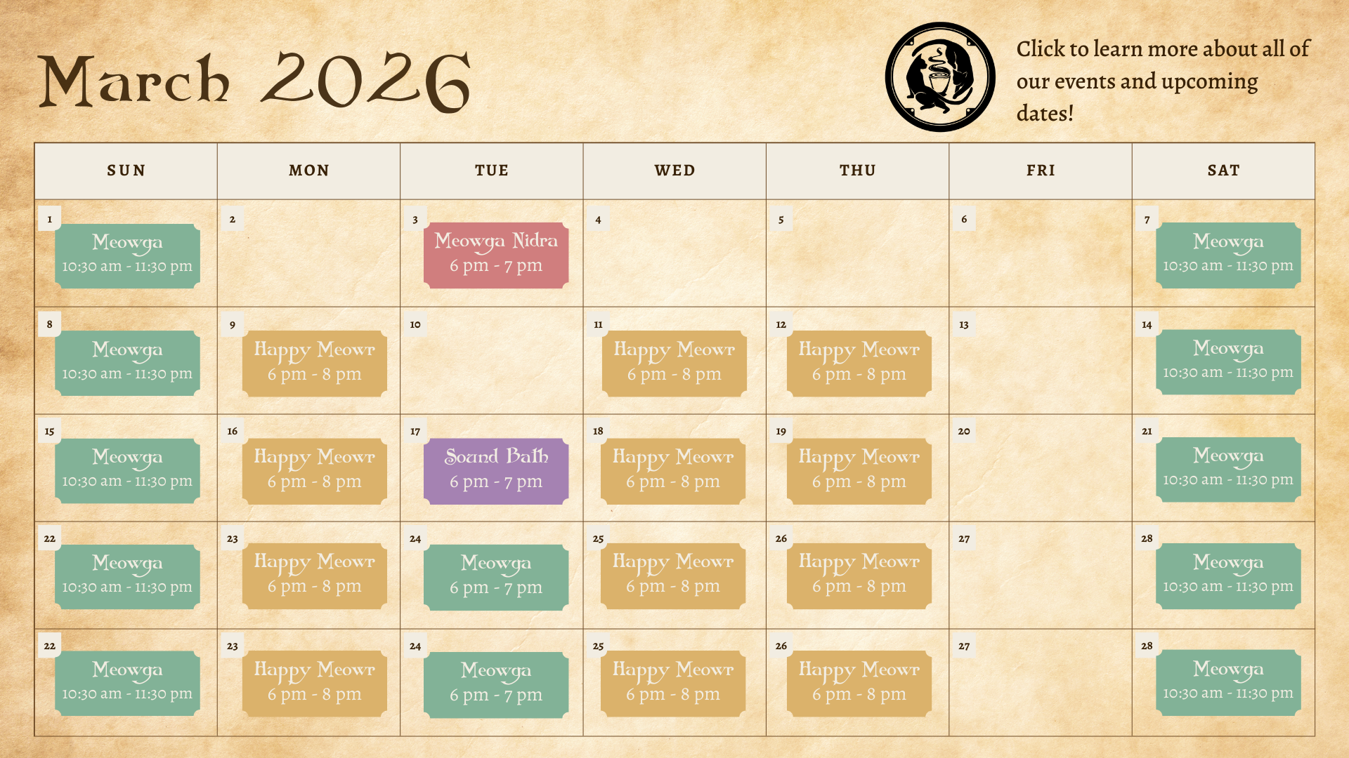 March '26 events! Click to book- if you do not see the event available on the booking page, all available spots have been filled 