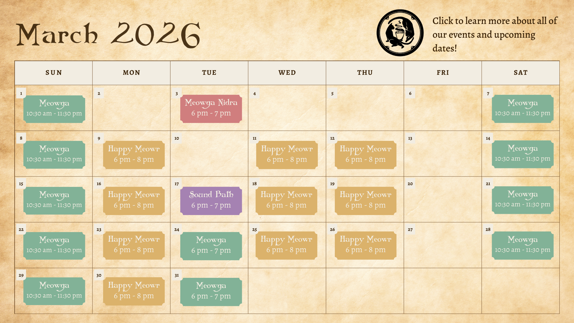 All upcoming March events. Click to book!