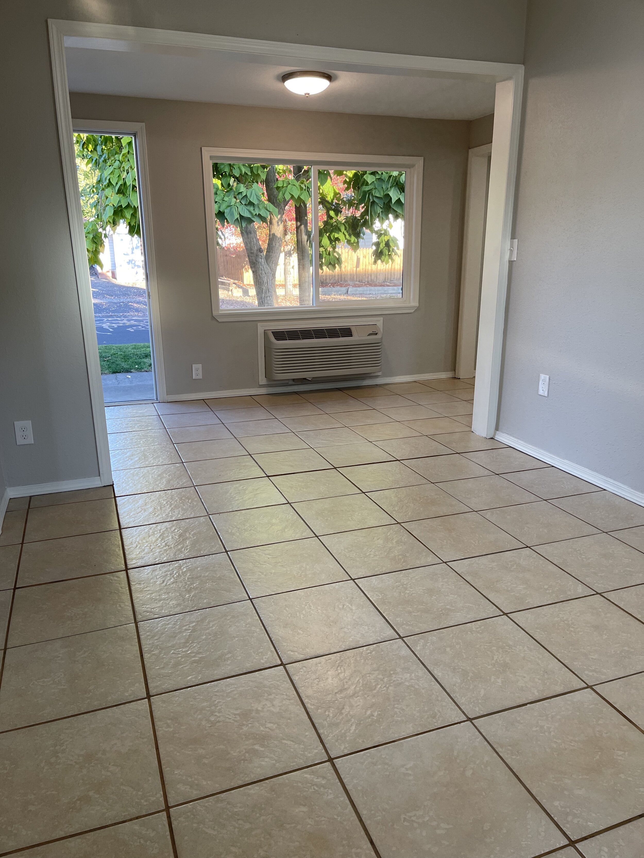 Floor in this room is slightly uneven. This back corner slopes down a bit. There's a bit of a raised area where the room is split.