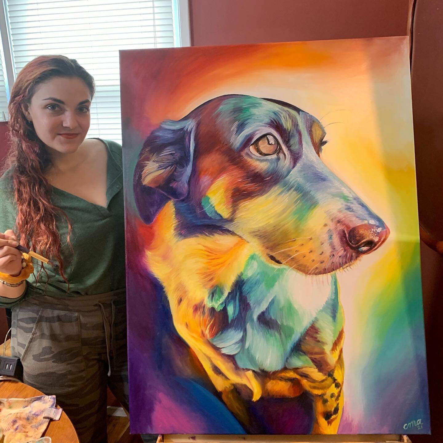 Now for something completely different! First time using oils in a looong time, by far my biggest canvas yet, and stepped way out of my comfort zone with the rainbow color scheme! It is fitting because this lovely pup, Steven, has crossed the rainbow
