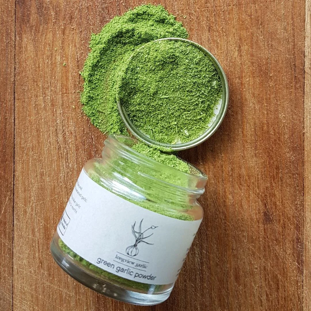 Dried garlic  We produce granular and powdered garlic. Made in small batches from provenanced culinary garlic here on the farm. Garlic Granules can be re-hydrated or ground for use in all manner of ways, emulsions through to condiments and spice rubs. The Green Garlic Powder is a fresh, gentle flavoured finishing garnish that adds a dashing pop of vibrant colour to a dish.