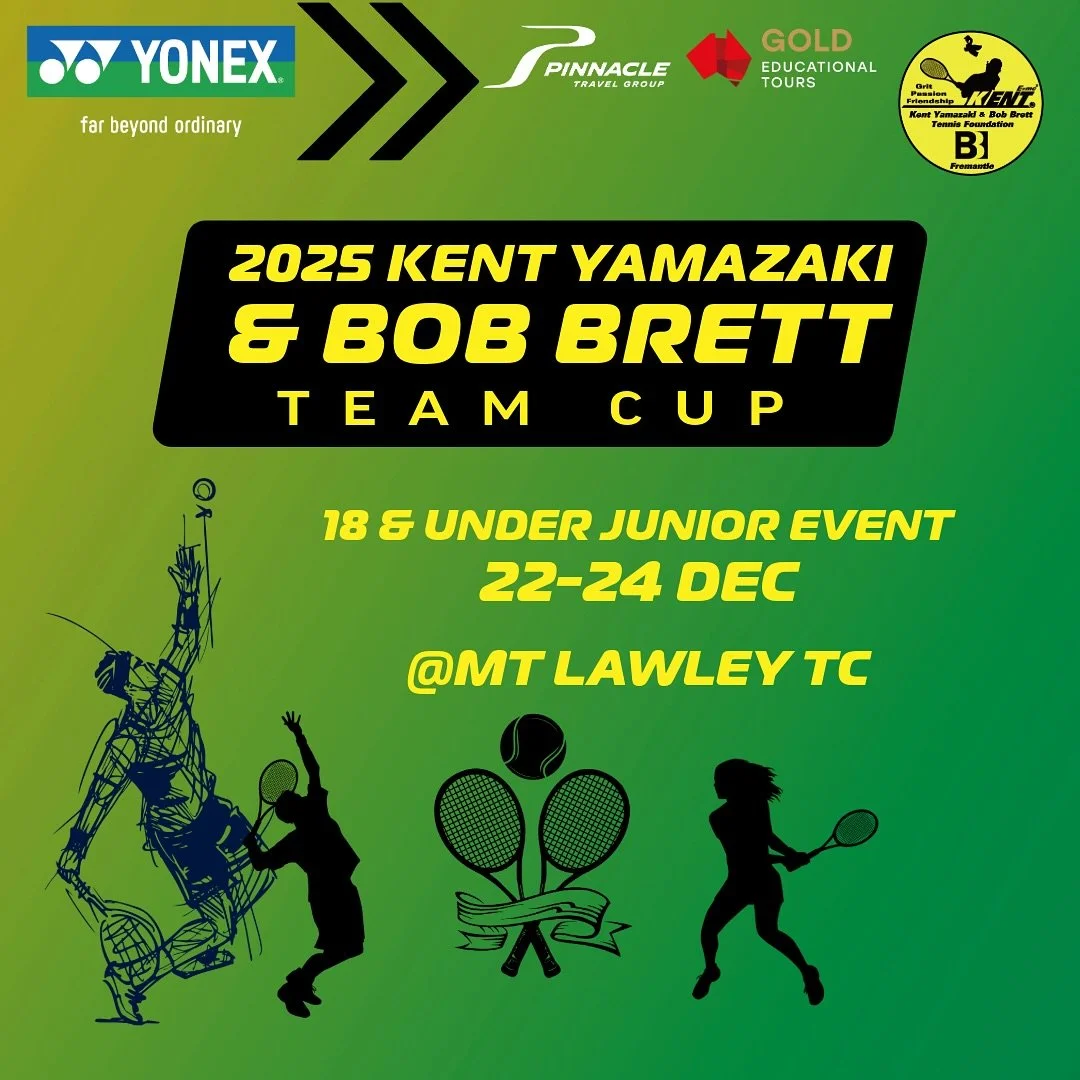 📣 2025 YONEX KENT YAMAZAKI &amp; BOB BRETT TEAM CUP
Get ready for one of Perth&rsquo;s most exciting junior tennis events of the year! 🌟

From 22&ndash;24 December at Mt Lawley Tennis Club,
top 18 &amp; Under players will unite, compete, and showca