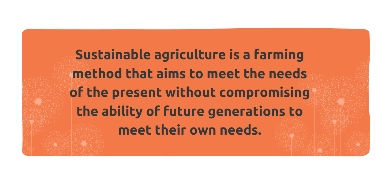 Image with orange rectangle with the phrase: Sustainable agriculture is a farming method that aims to meet the needs of the present without compromising the ability of future generations to meet their own needs.