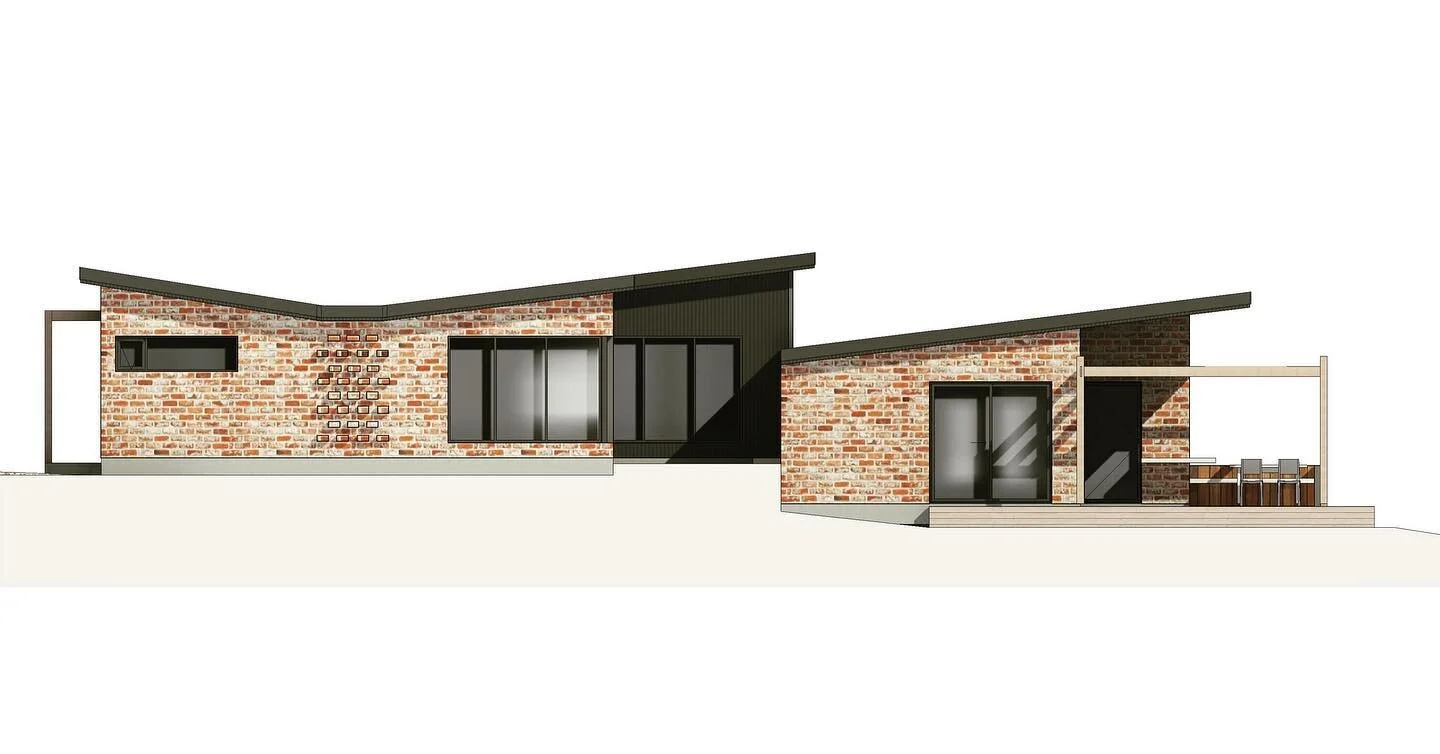 Work in progress. Recycled bricks. Split levels. Located on a rural property.