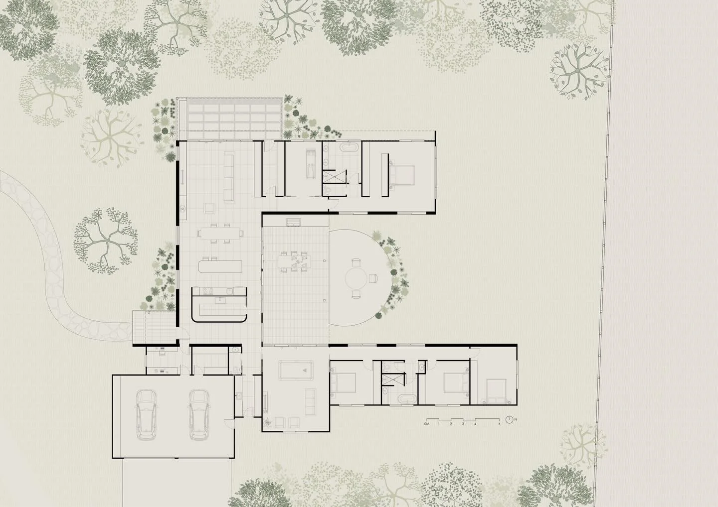 Imagined landscape for a recently completed project. The right vegetation softens a house and draws attention the intended features.