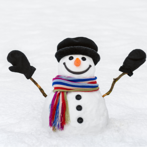 Snowman with hat, colorful scarf, and mittens in snow