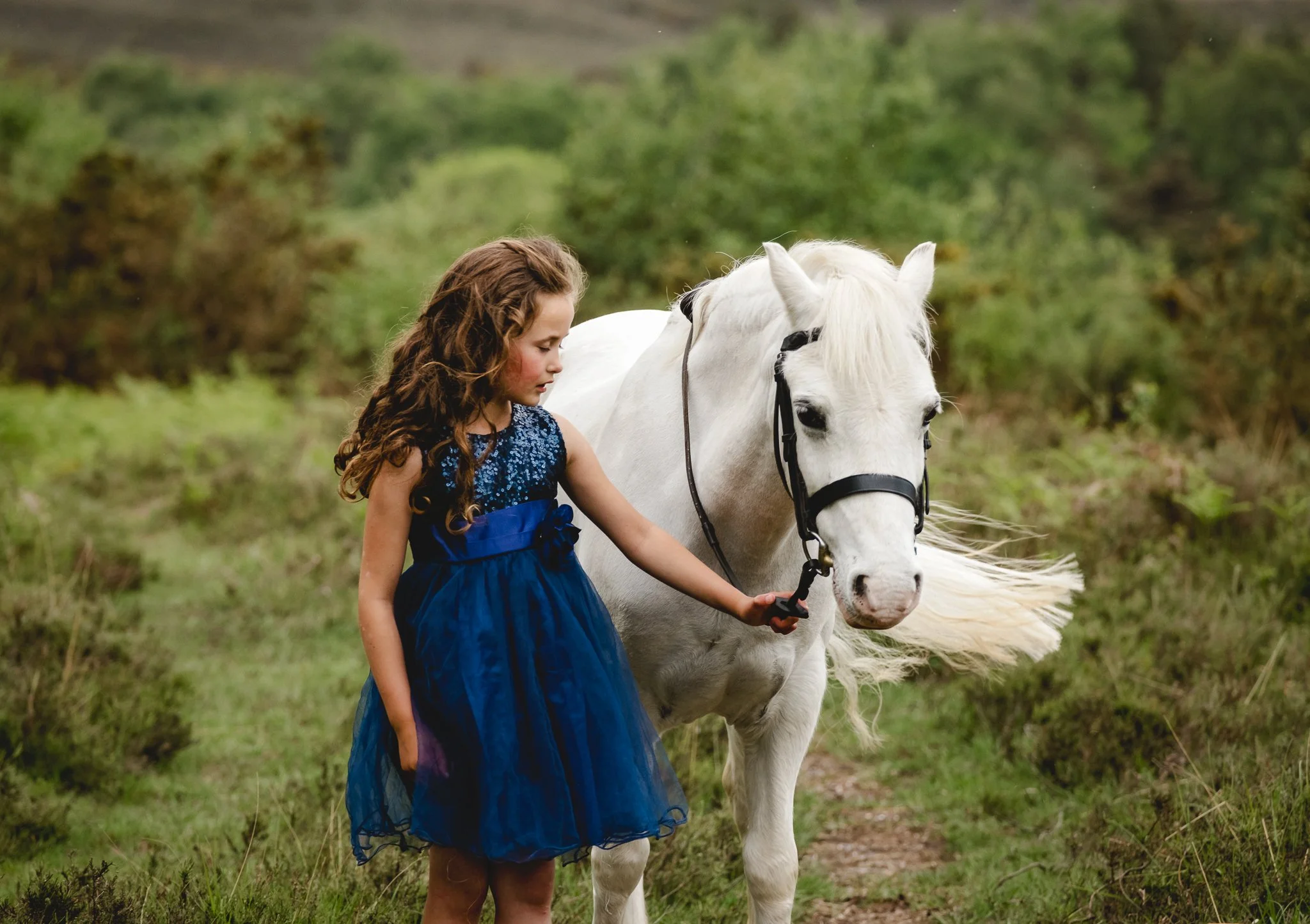 girl leading Welsh pony through New Forest landscape