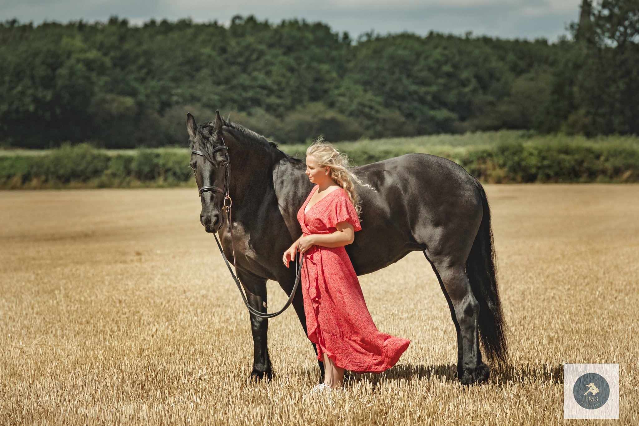 Olivia standing with her black Friesian mare Moike during their summer horse photoshoot