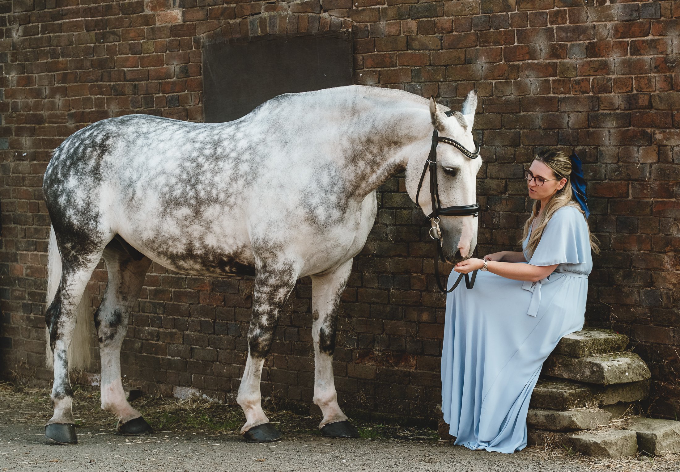 A woman in a light blue dress sitting on stone steps next to a white horse with gray spots, holding its bridle in her hand against a brick wall background.